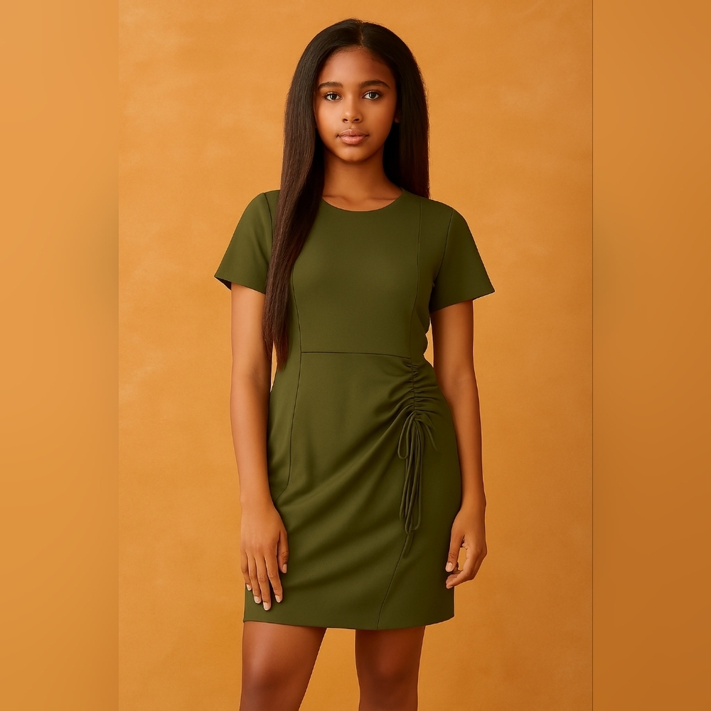 CALVIN KLEIN Office Party Elegant Olive Green short Sleeve Ruched Dress (#1,327)